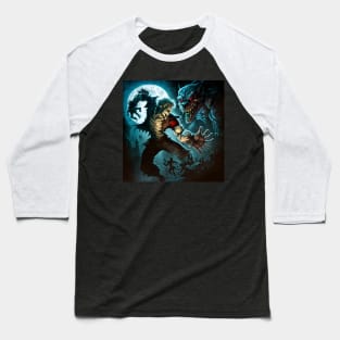 Cartoon image of a vampire vs. a werewolf at full moon. Baseball T-Shirt